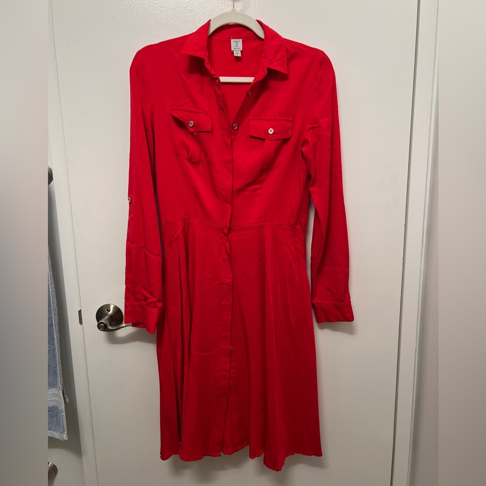 Tristan Vibrant Red Fit and Flare Dress Long Sleeve Button Up